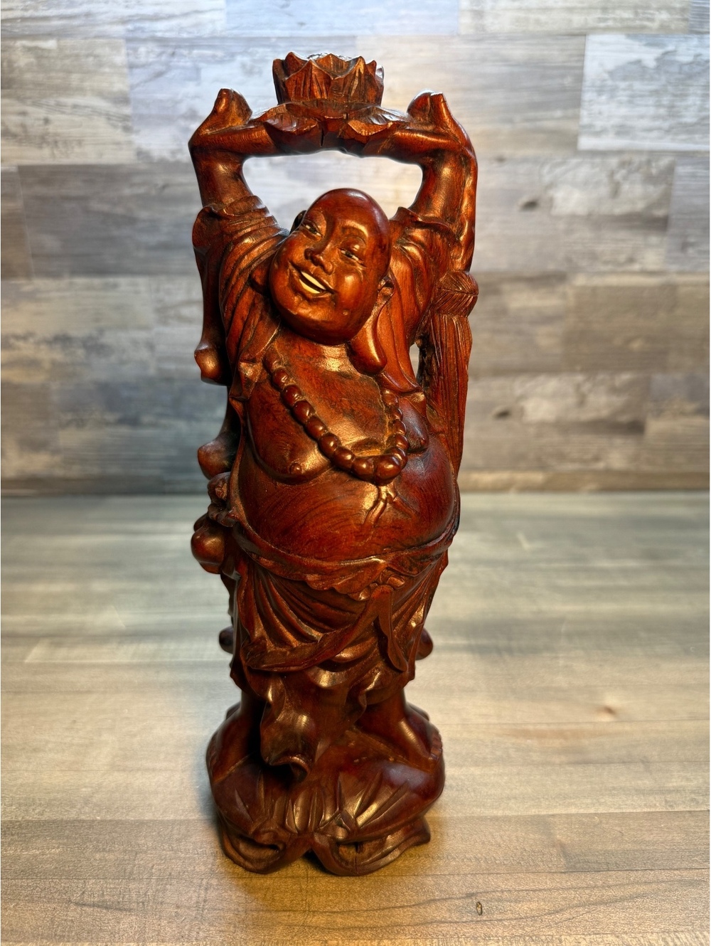 Vintage Carved Wood Laughing Buddha Statue Lotus 10” Asian Decor (b13/0104)